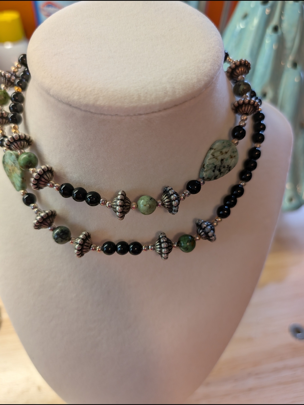 Handcrafted Green and Black Beaded Triple-Strand Necklace